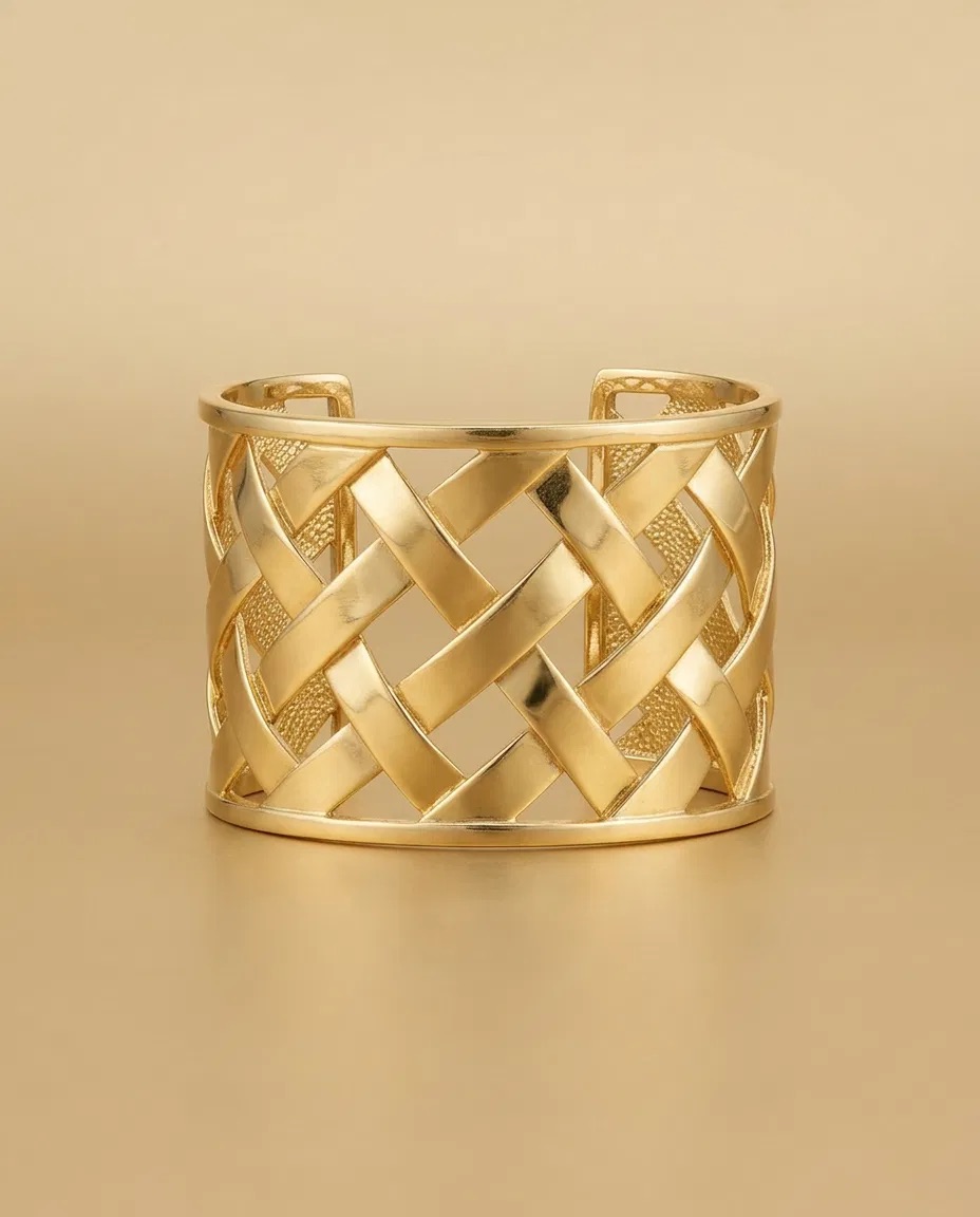 Gold Basket Weave Wide Cuff Bracelet