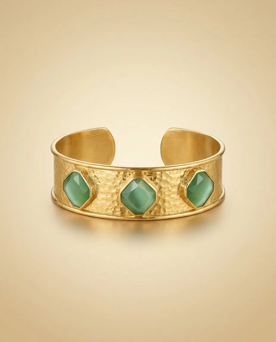 Hammered Cuff Green Cat Eye Stone Bracelet