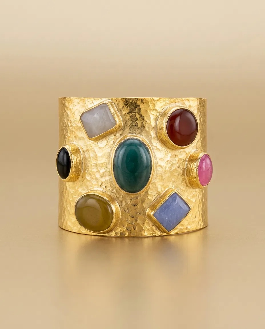 Multicolor Stone Hammered Wide Cuff Bracelet