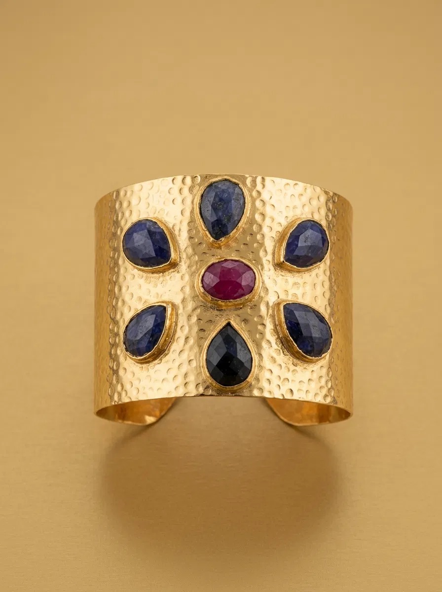 Sapphire Blue and Ruby Color Flower Stone Cuff Bracelet