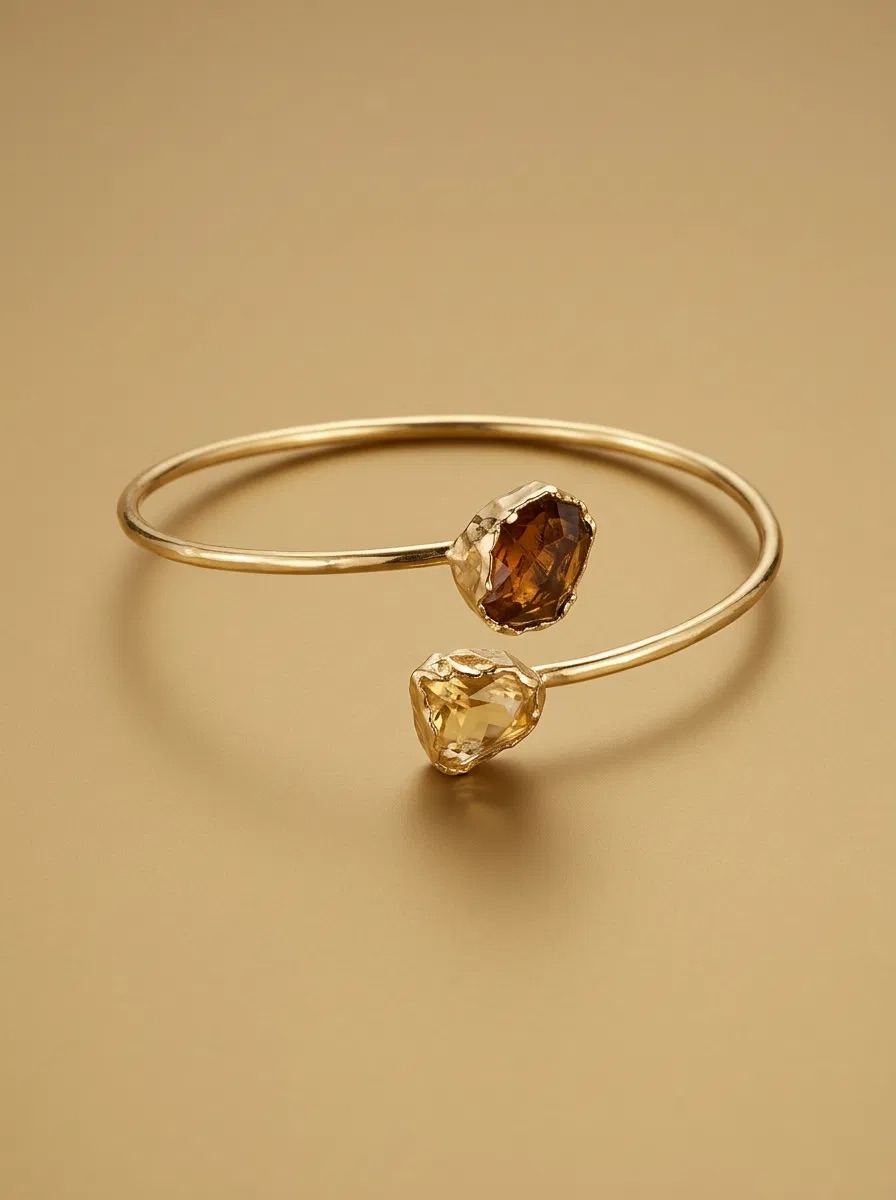 Citrine and Smoky Look Stone Open Bangle Bracelet