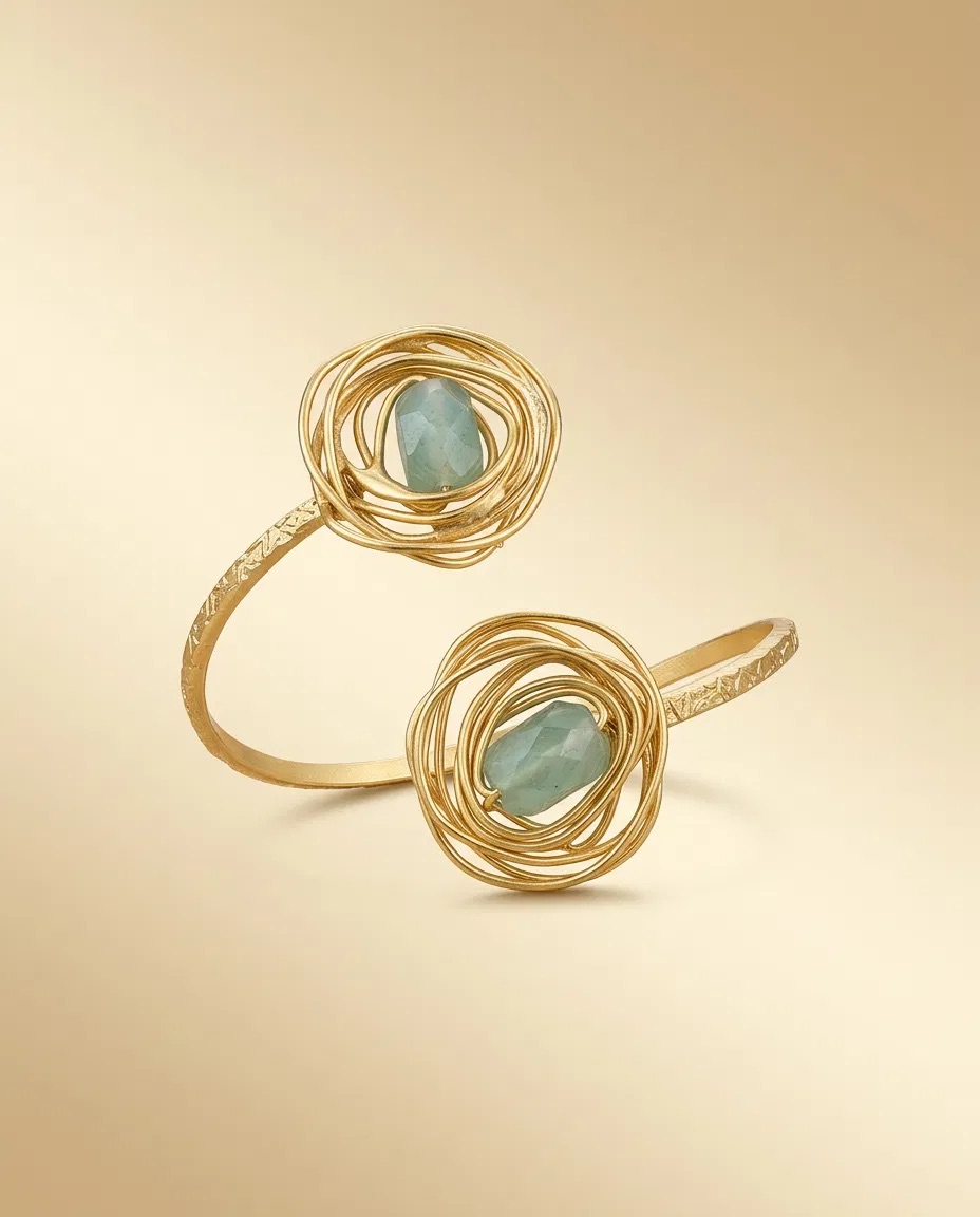 Aqua Stone Gold Wire Nest Open Bangle Bracelet