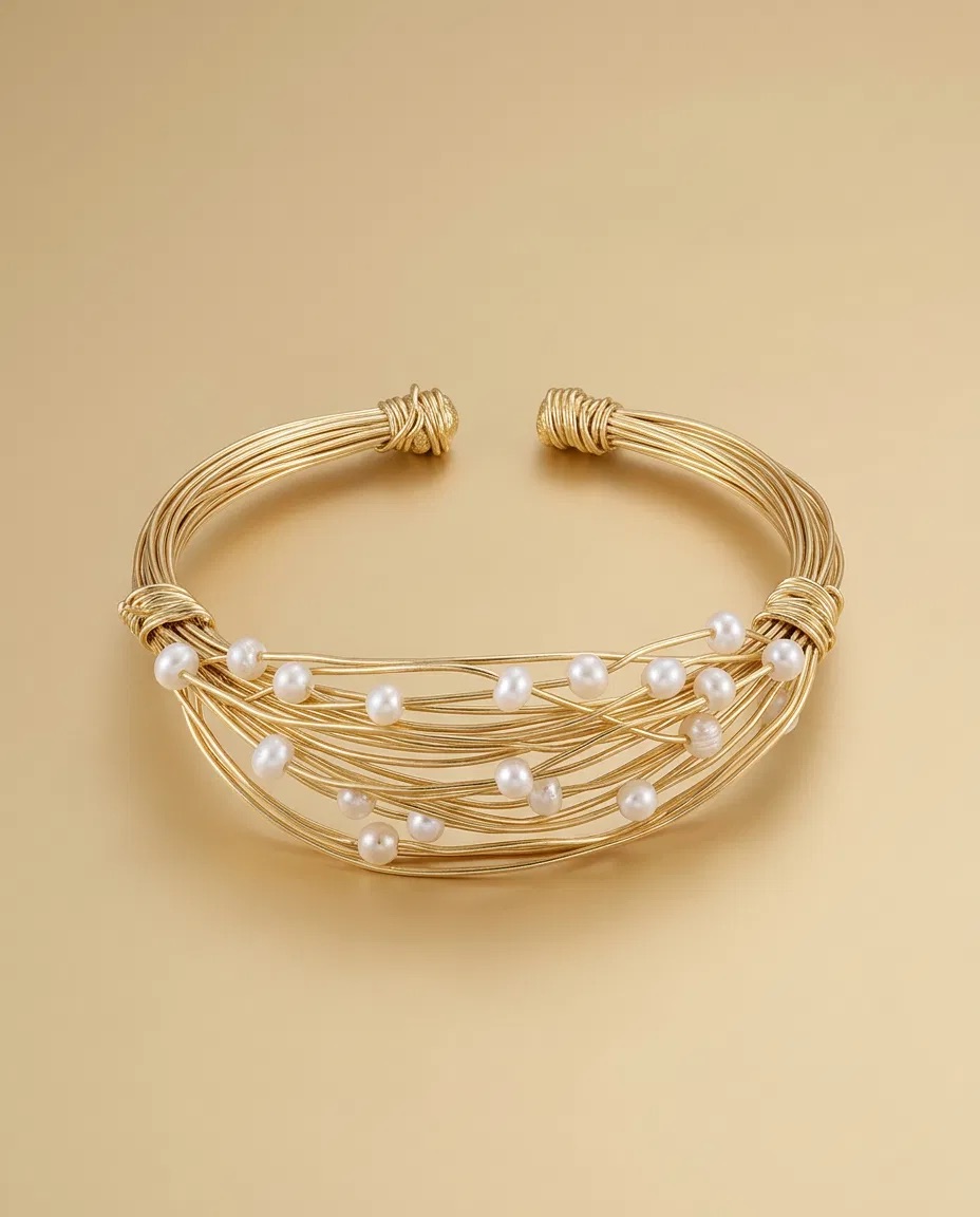 Gold Wire Pearl-Look Bead Cuff Bracelet