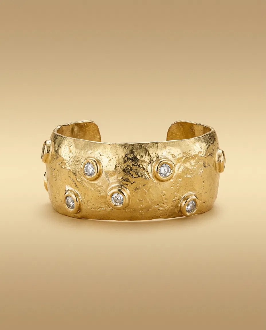 Hammered Gold Crystal Bezel Cuff Bracelet