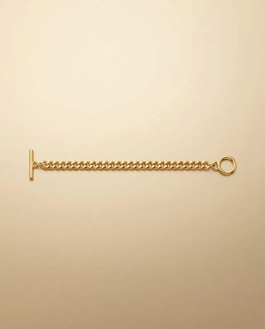 Gold Curb Chain Ring Toggle Bracelet