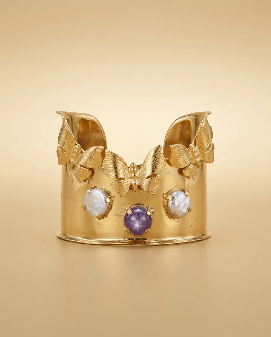 Butterfly Crown Purple Star and Pearl-Look Cuff Bracelet