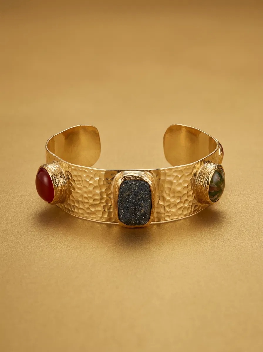Hammered Cuff Red Black and Green Stone Bracelet