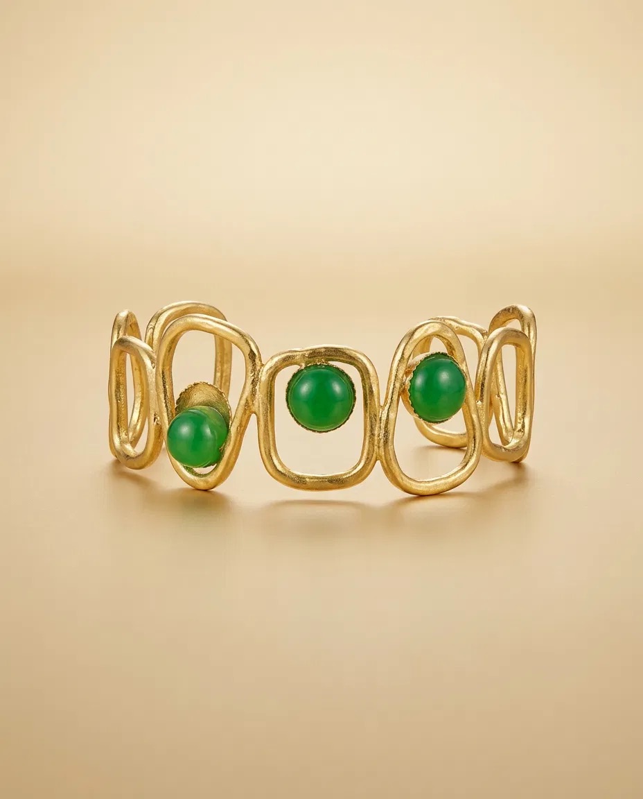 Organic Loop Green Cabochon Gold Cuff Bracelet