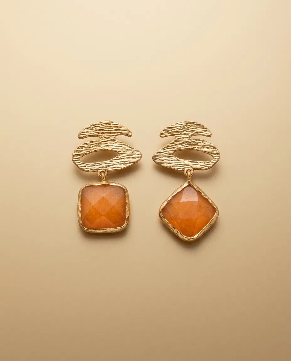 Wave Plate Orange Square Stone Earrings