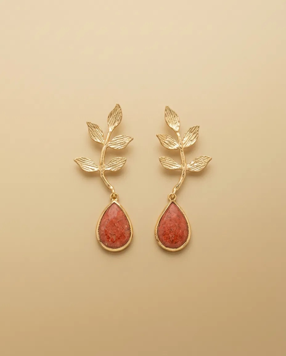 Leaf Branch Coral Teardrop Earrings