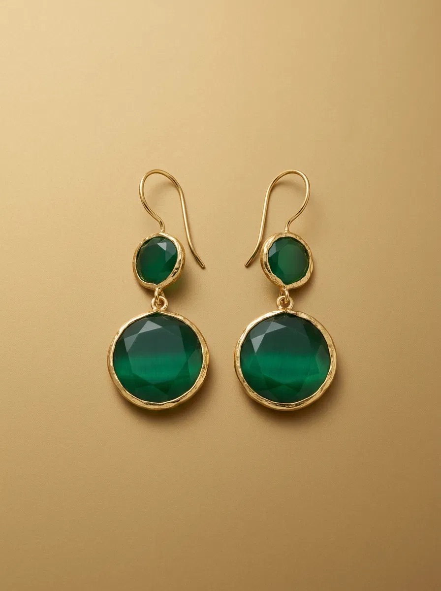 Emerald Green Double Round Stone Earrings
