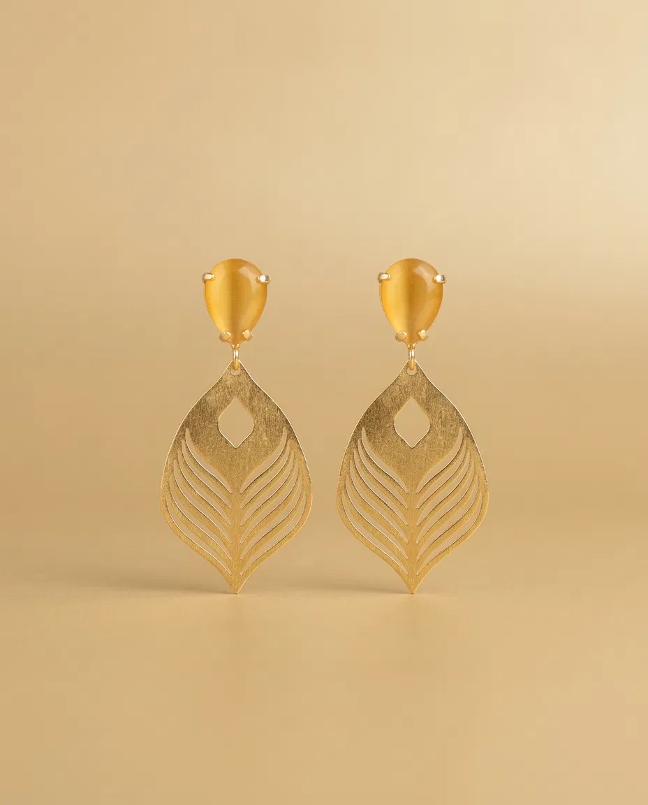 Amber Teardrop Peacock Feather Earrings