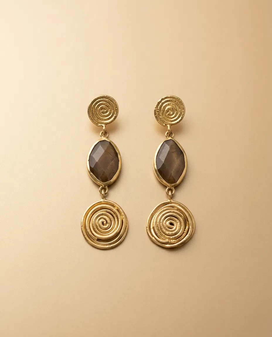 Spiral Disc Smoky Stone Drop Earrings
