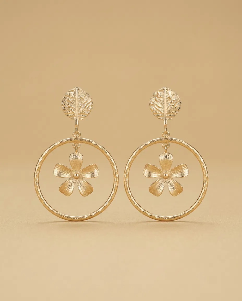 Leaf Stud Flower Hoop Earrings
