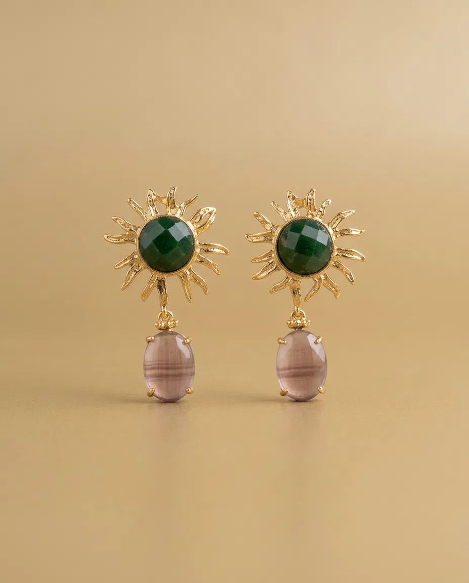 Green Stone Sun Lilac Drop Earrings