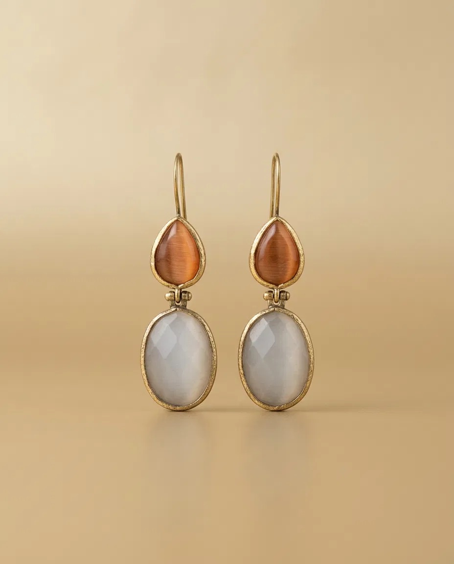 Amber and Grey Cat Eye Stone Earrings