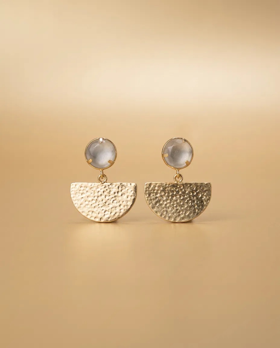 Clear Stone Hammered Half Moon Earrings