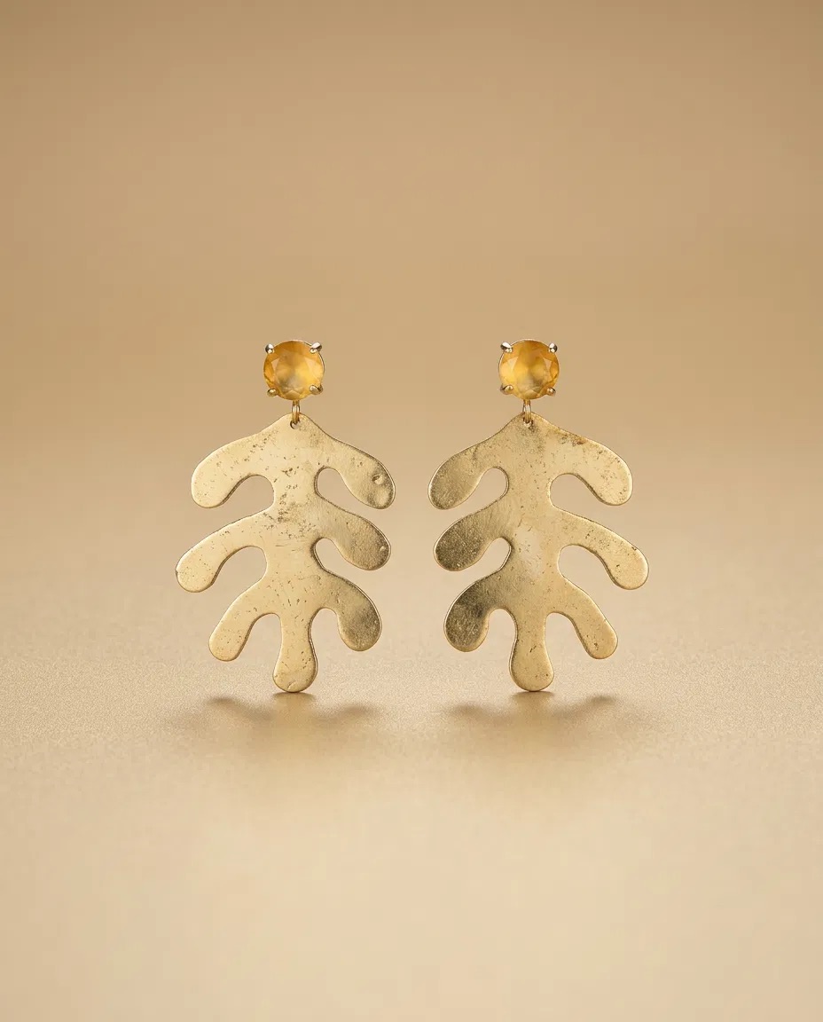 Citrine Color Stone Coral Leaf Earrings