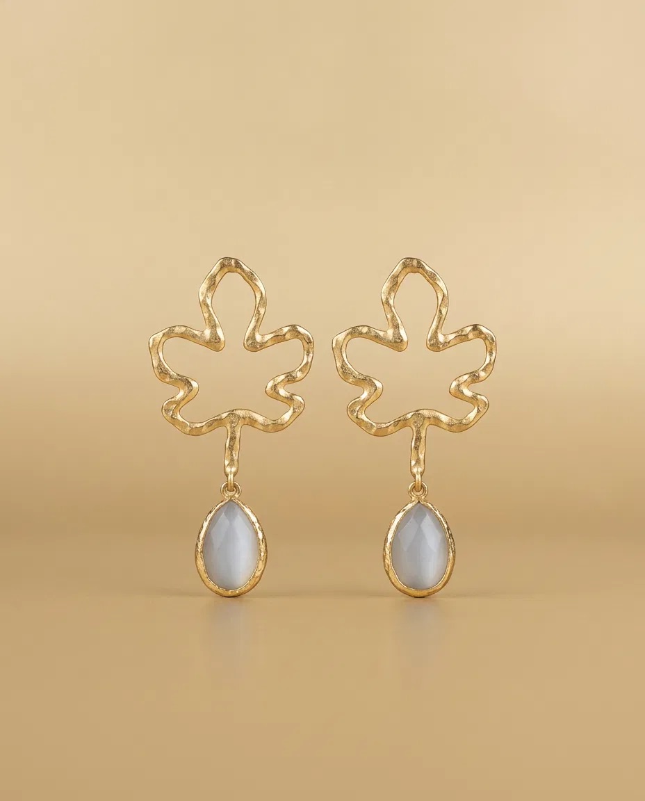 Hammered Flower Outline Grey Stone Earrings