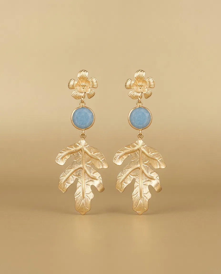 Flower Blue Stone Oak Leaf Earrings