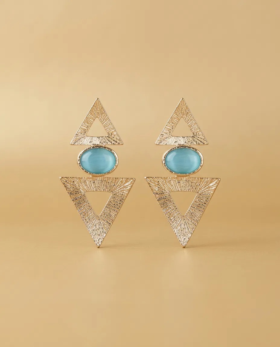 Brushed Triangle Aqua Cat Eye Earrings