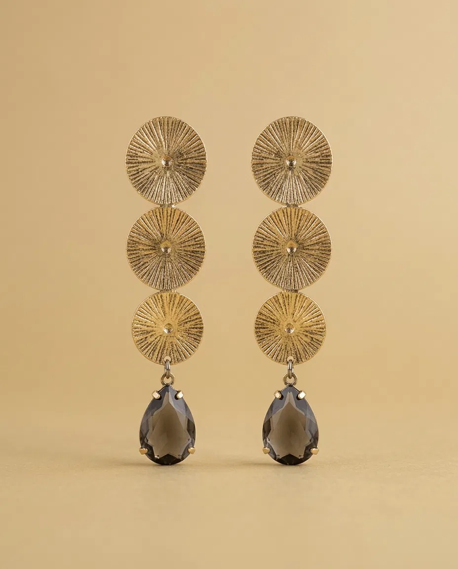 Sunburst Disc Smoky Teardrop Earrings