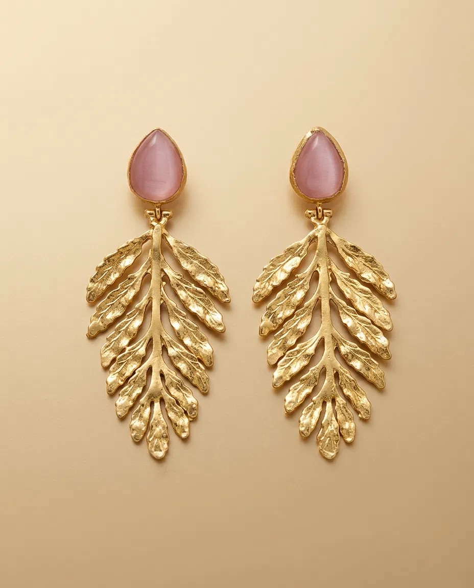 Pink Teardrop Fern Plume Earrings