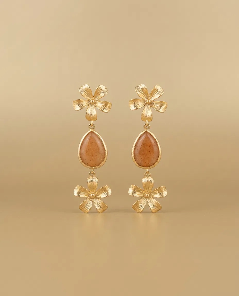 Double Flower Peach Teardrop Earrings