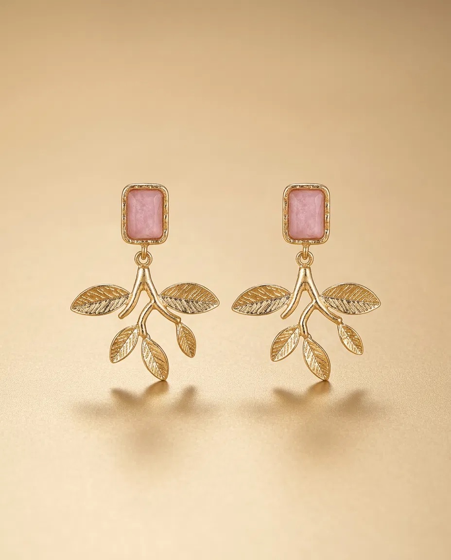 Pink Rectangle Stone Leaf Branch Earrings