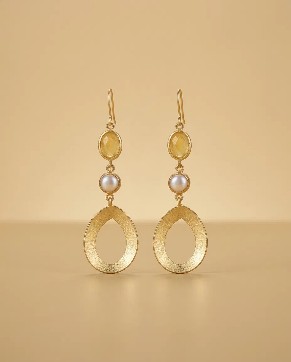 Yellow Stone Pearl-Look Brushed Teardrop Earrings