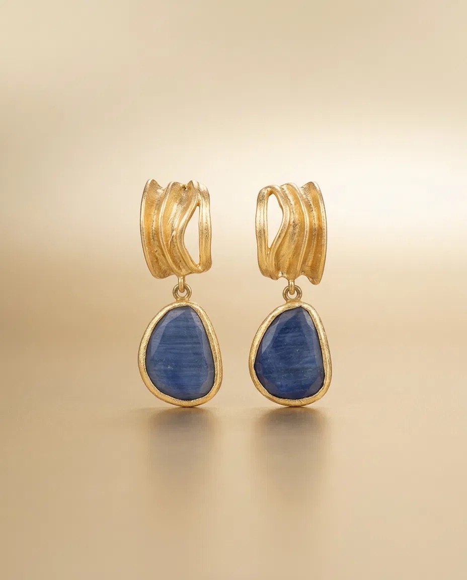 Ribbed Hoop Blue Stone Drop Earrings