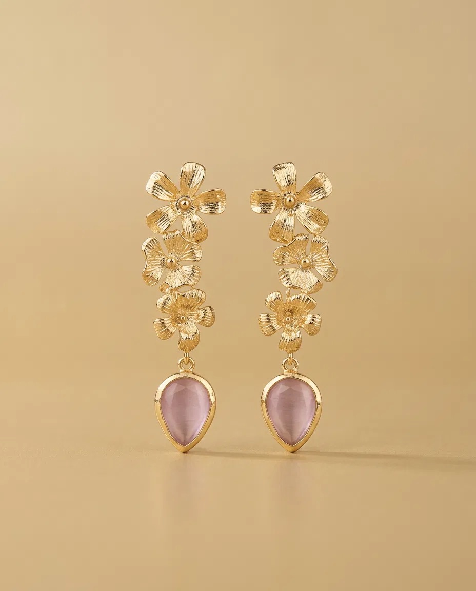 Triple Flower Pink Teardrop Earrings