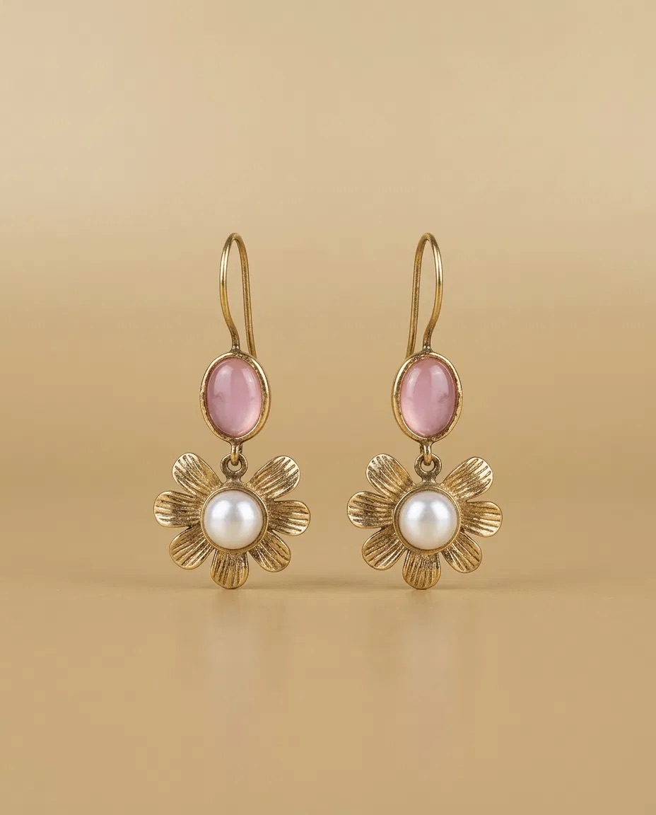 Pink Stone Flower Pearl-Look Earrings