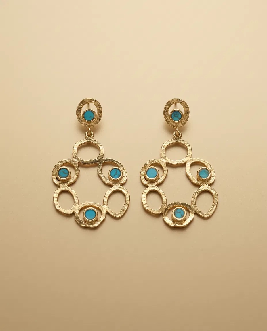 Turquoise Color Dot Hammered Ring Earrings