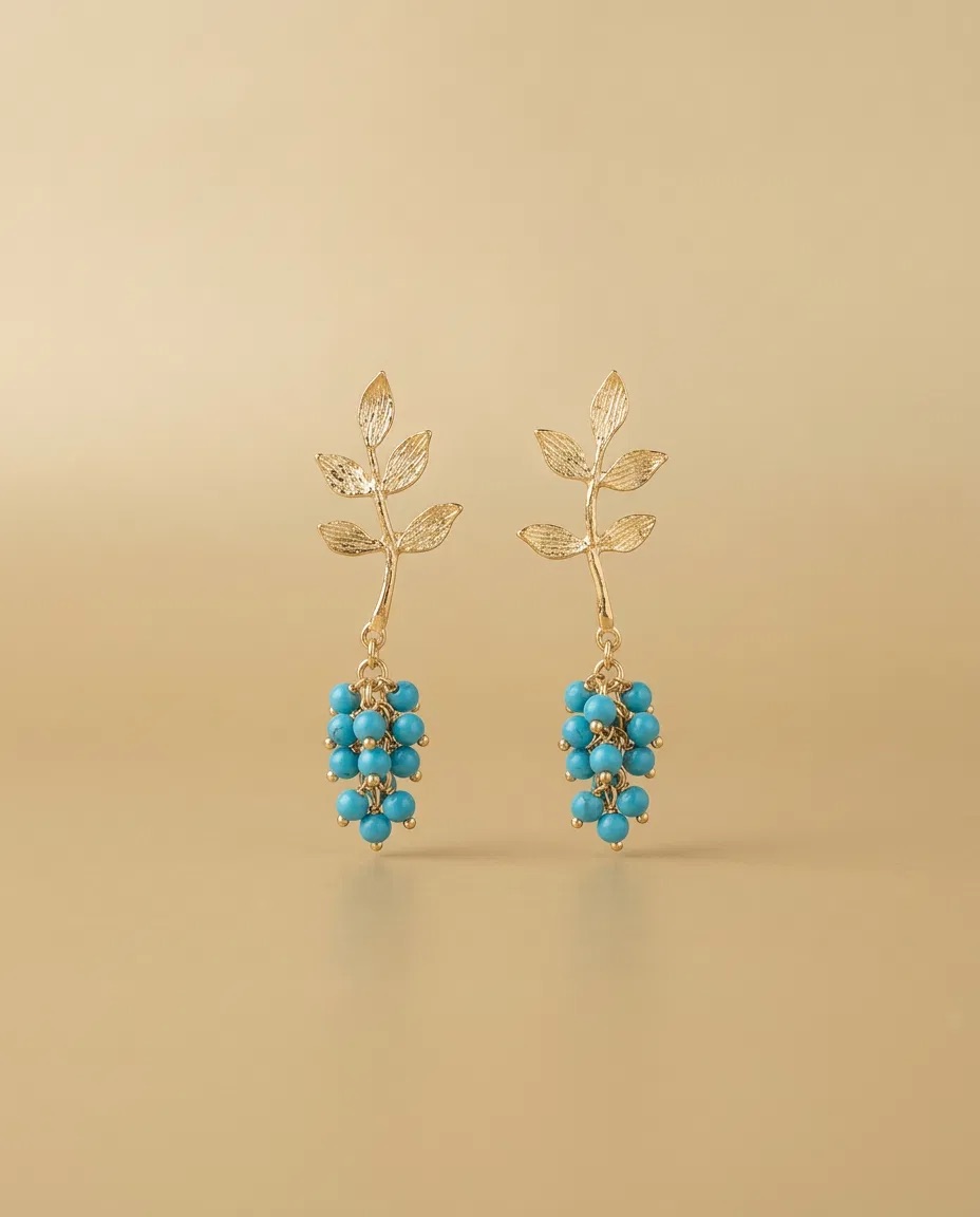 Leaf Branch Turquoise Color Bead Cluster Earrings