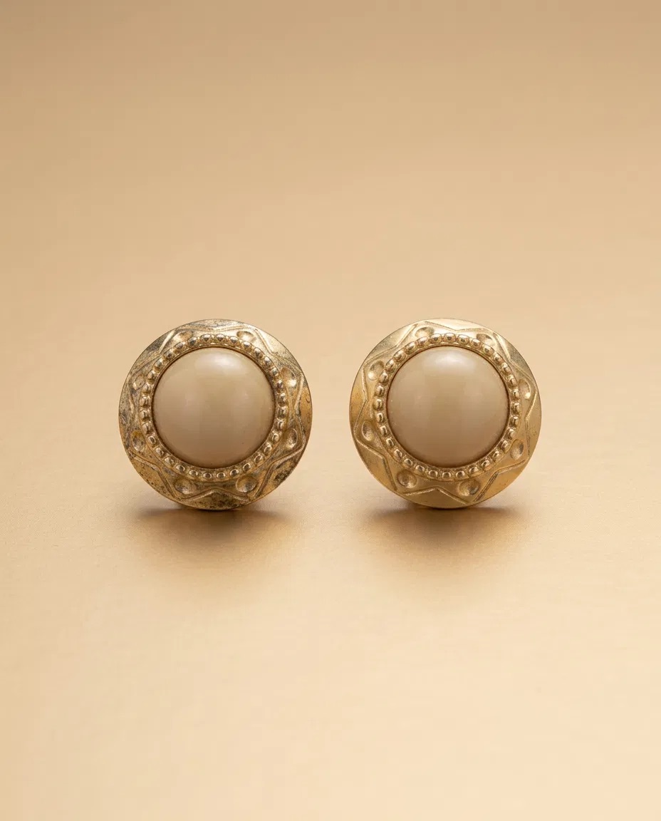 Beaded Bezel Cream Cabochon Stud Earrings