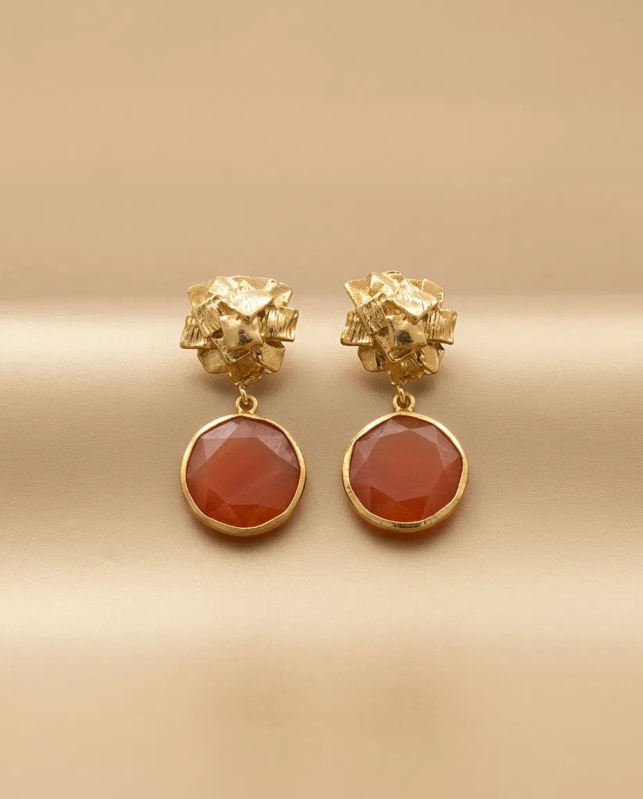 Crumpled Gold Orange Stone Drop Earrings