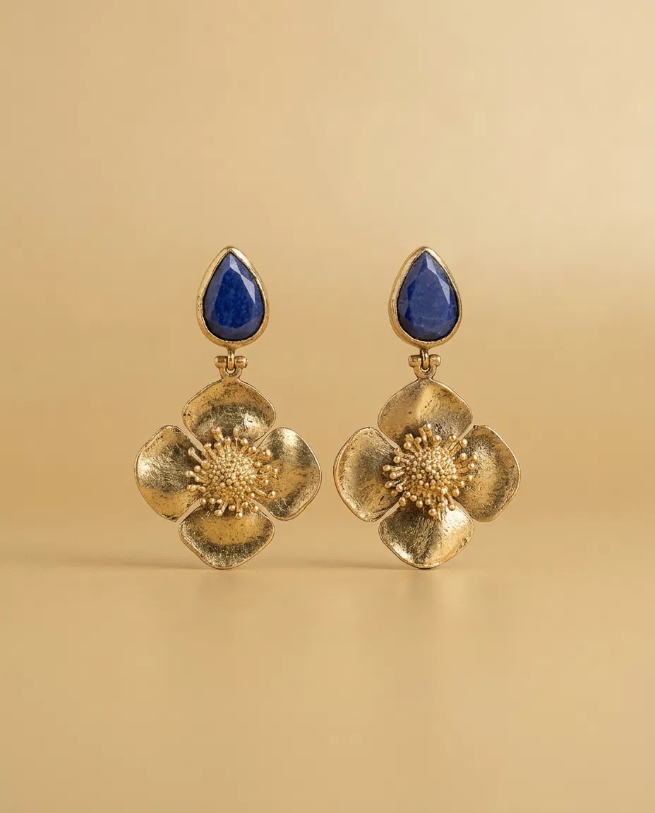 Blue Teardrop Gold Poppy Earrings