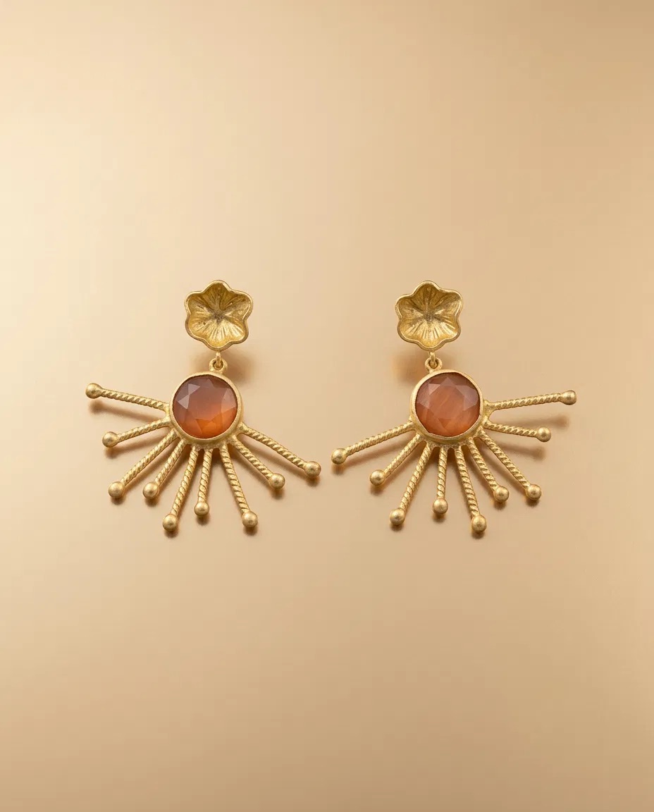 Flower Stud Orange Stone Ray Earrings