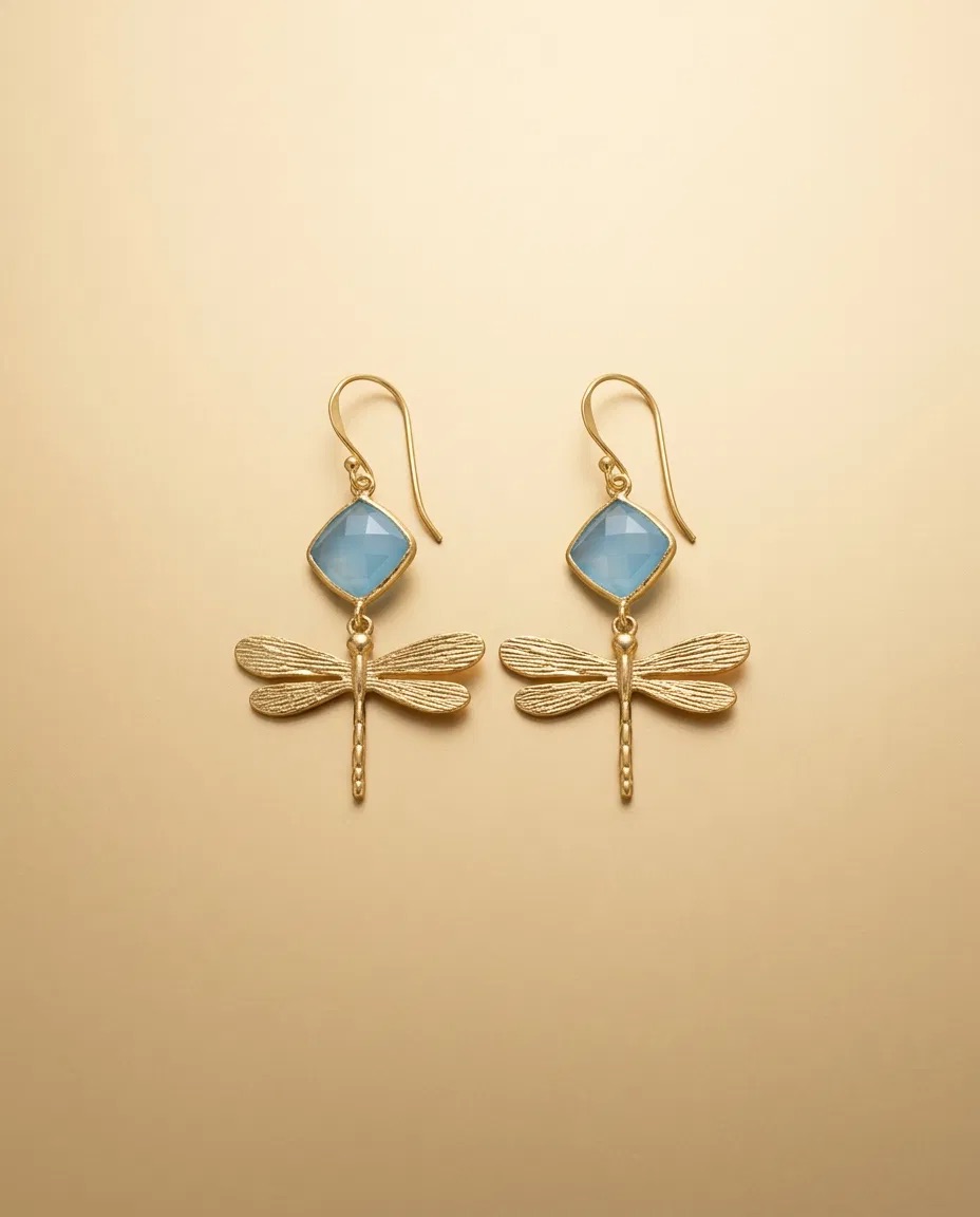 Aqua Square Stone Dragonfly Earrings