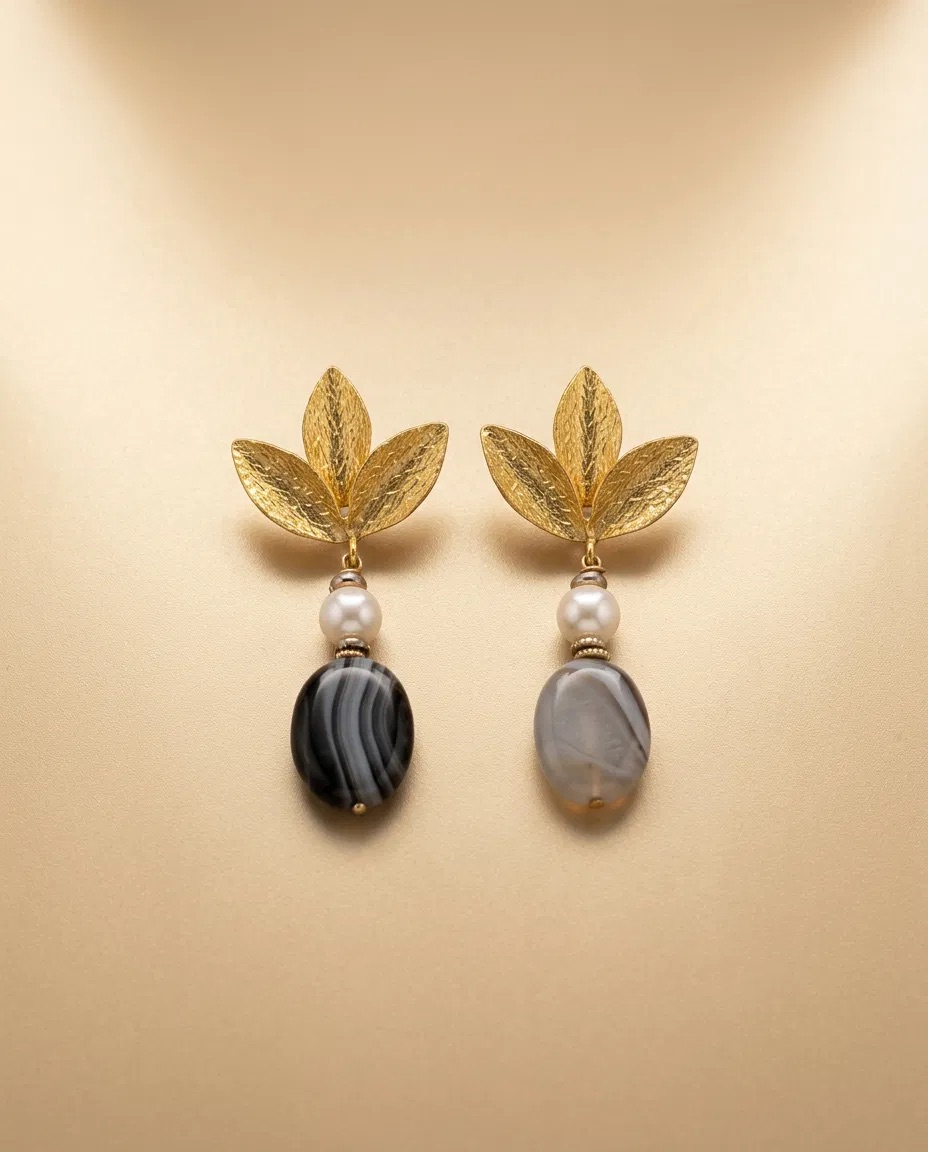 Gold Leaf Agate Look Drop Earrings