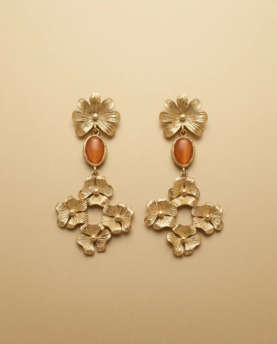 Flower Amber Oval Flower Ring Earrings
