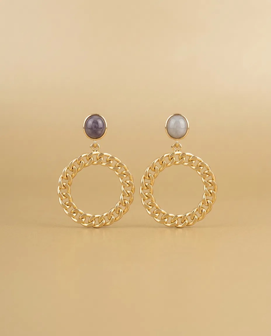 Grey Stone Stud Curb Chain Hoop Earrings