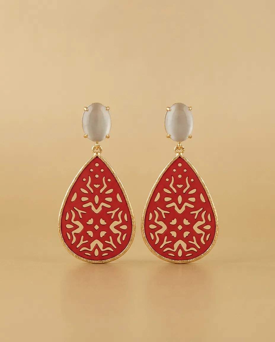 White Stone Red Enamel Teardrop Earrings