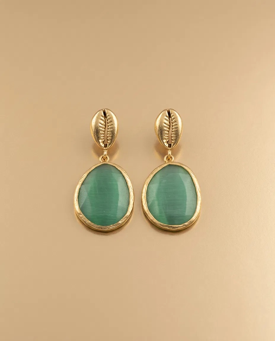 Cowrie Shell Green Cat Eye Earrings