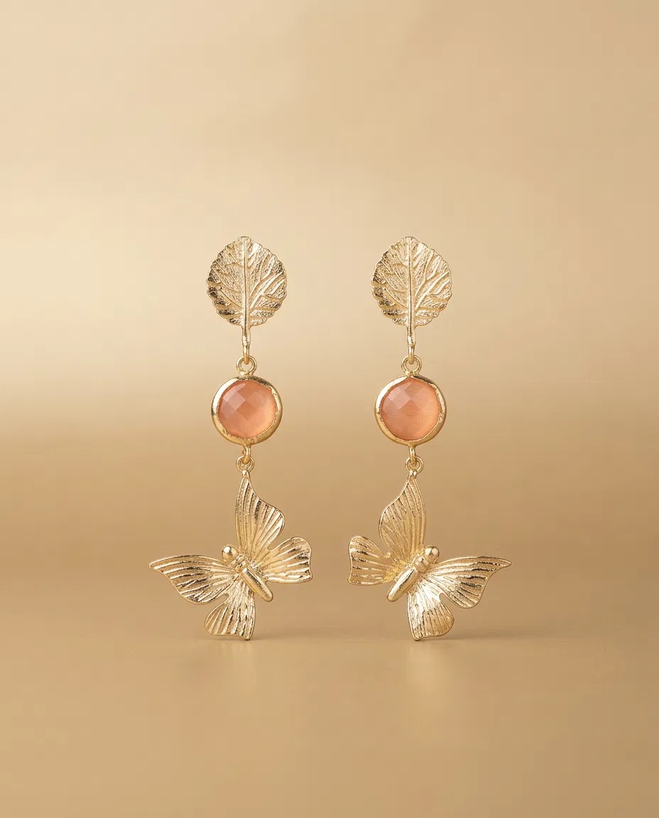 Leaf Peach Stone Butterfly Earrings