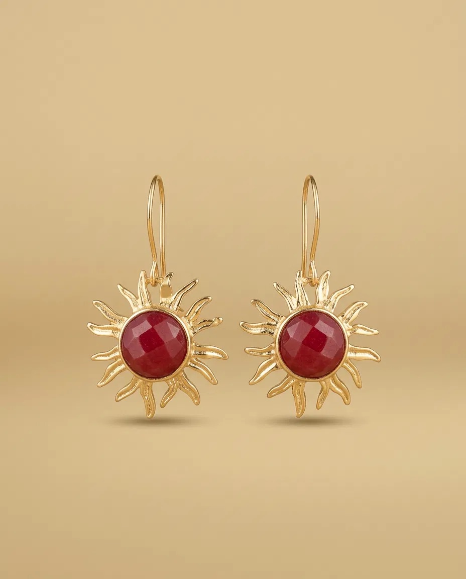 Sun Burst Ruby Color Stone Hook Earrings