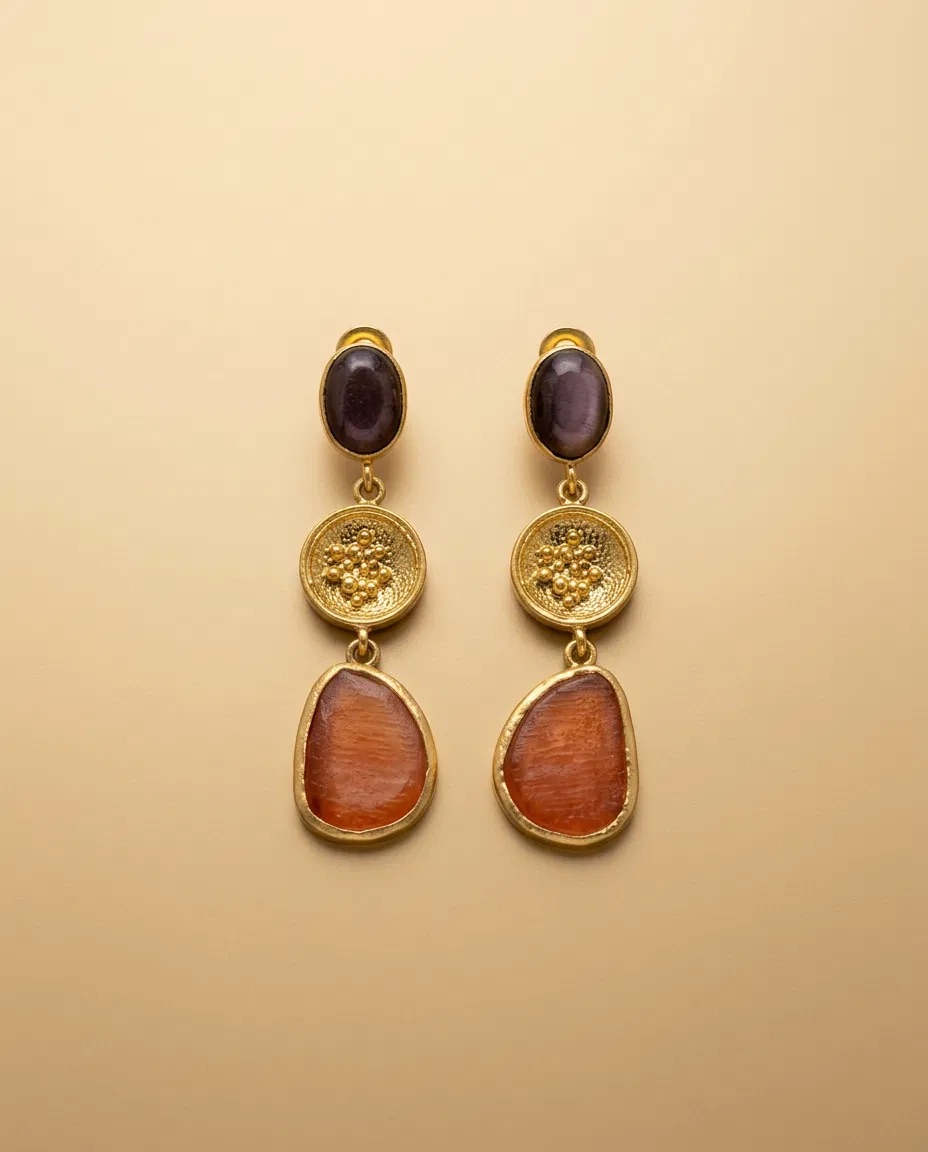 Purple and Amber Stone Triple Drop Earrings
