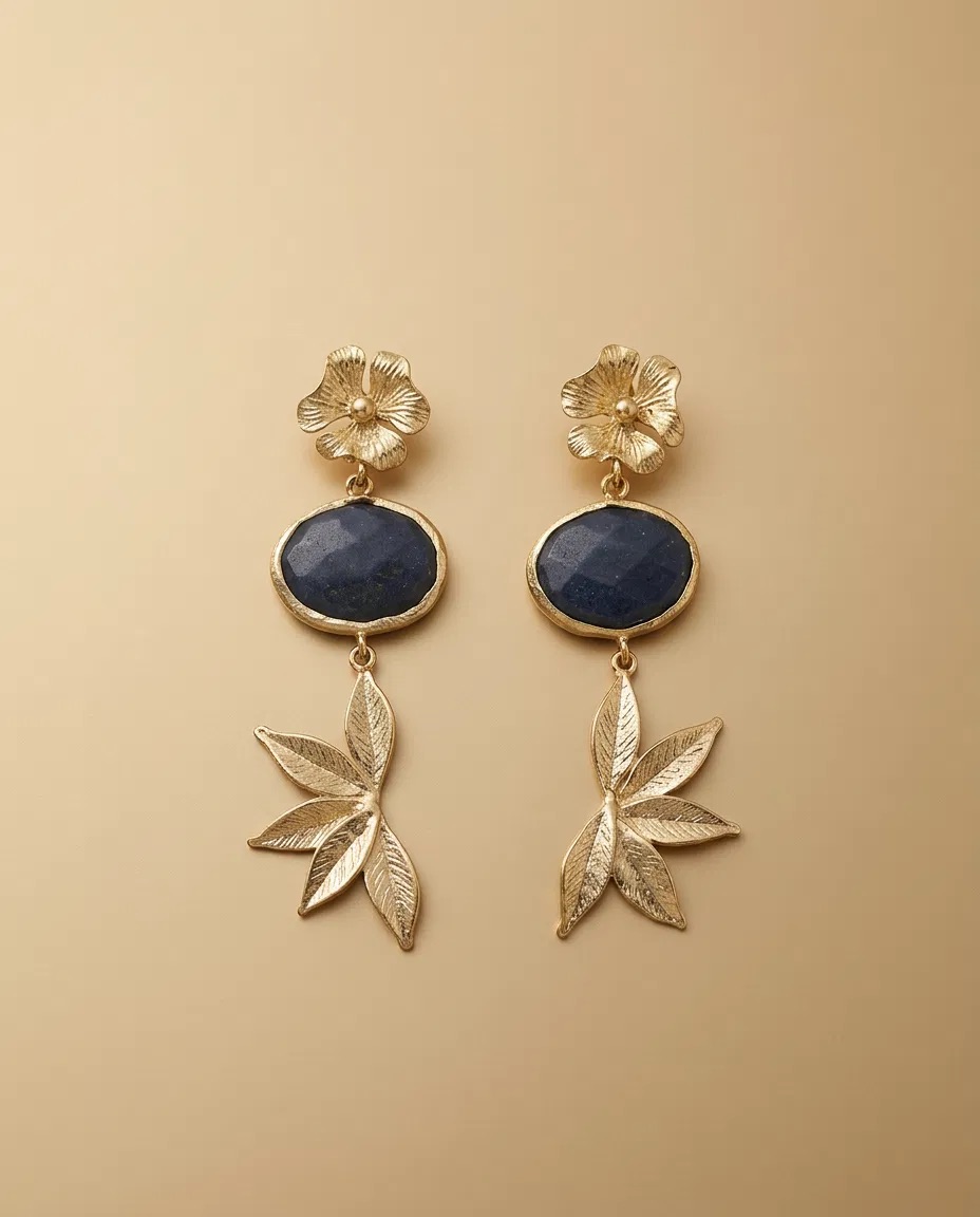 Flower Navy Oval Stone Leaf Earrings
