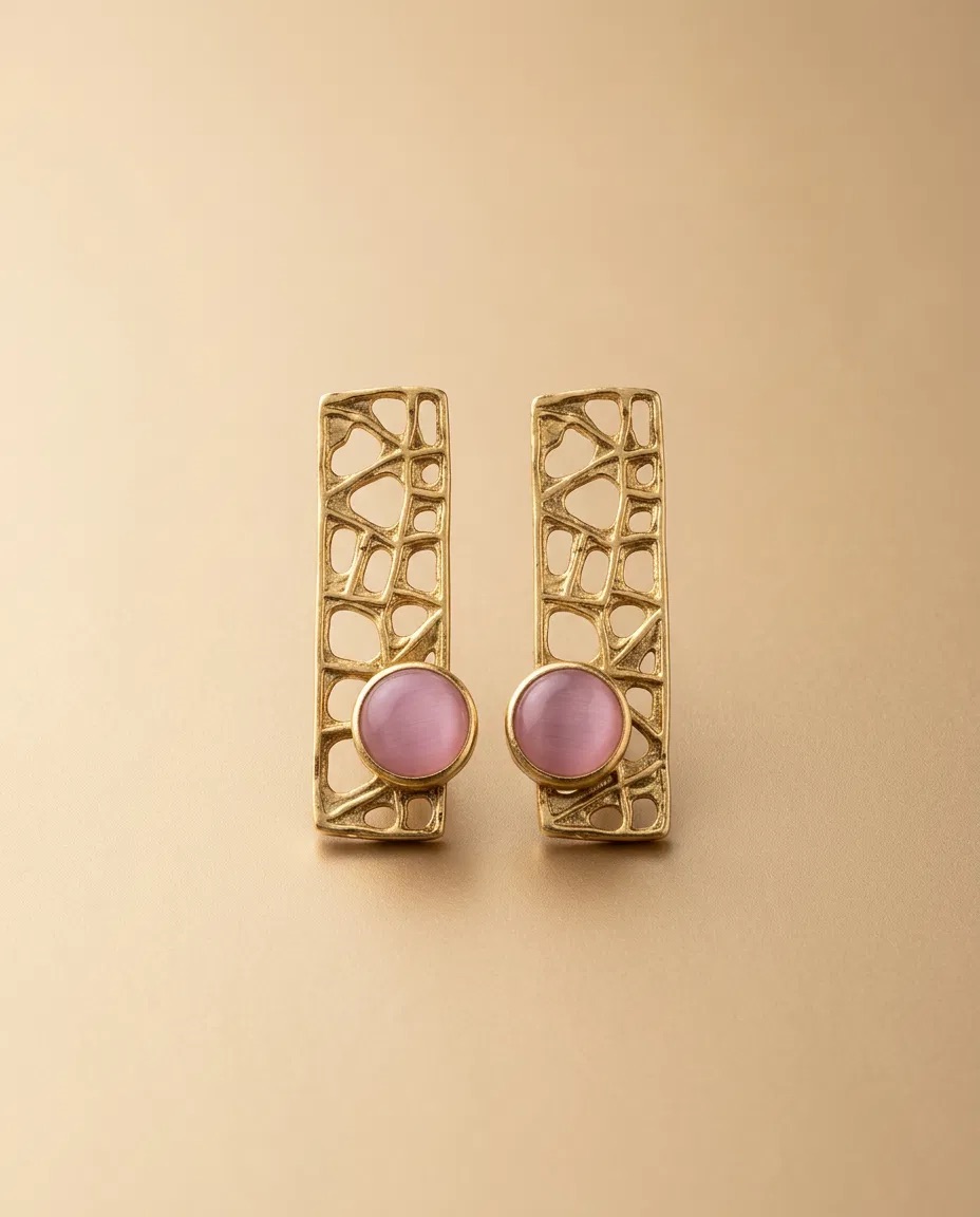 Lattice Bar Pink Cabochon Earrings